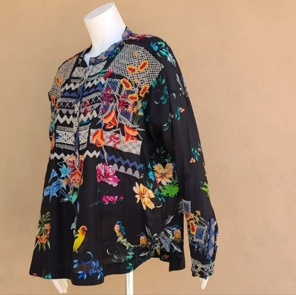 JOHNNY WAS BIYA ANTHRO Veda Embroidered Silk Blouse S M L Shirt Peasant Top Boho